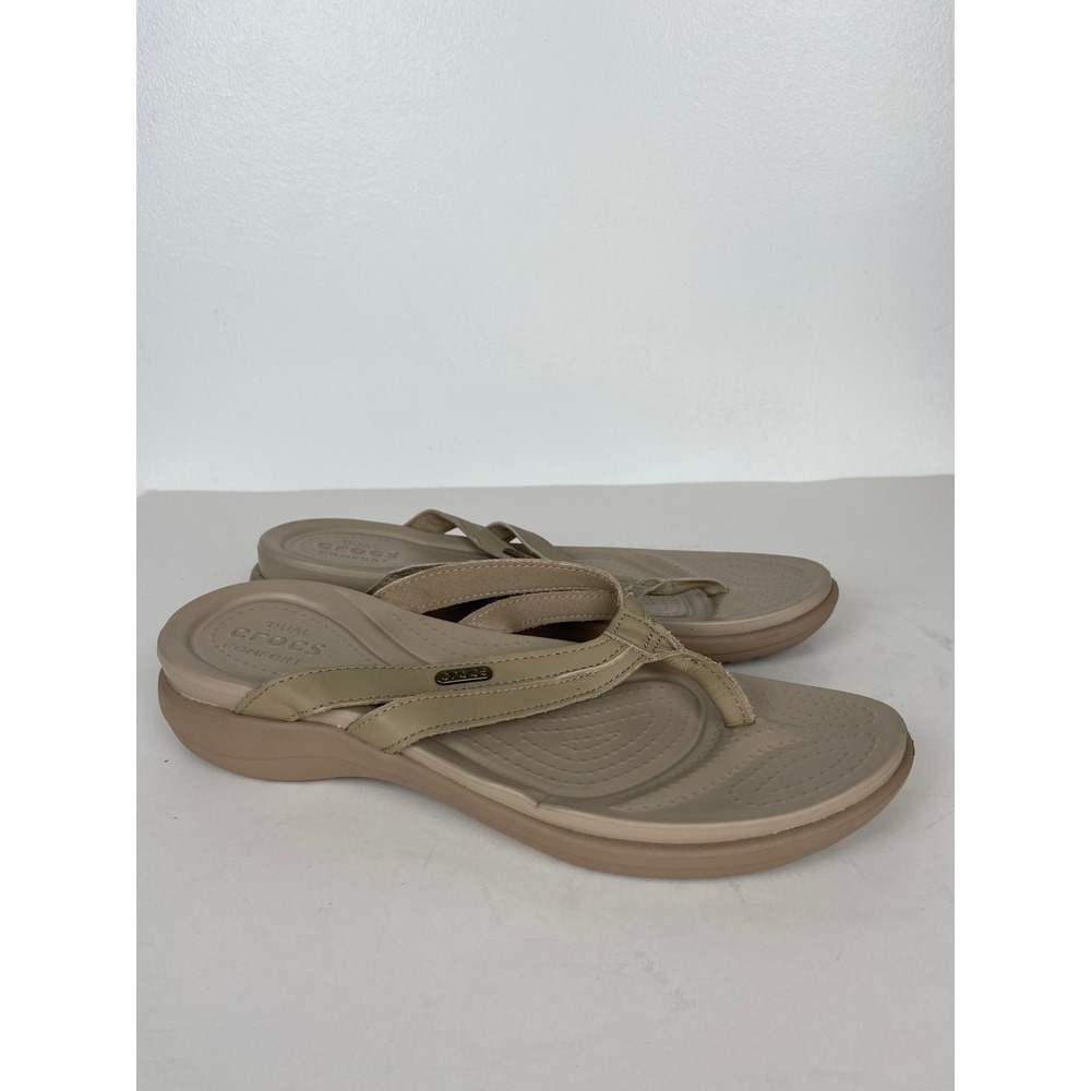Crocs Dual Comfort Capri V Women's Flip Flop Size 11 Cream Thong Faux Leather - Picture 2 of 11